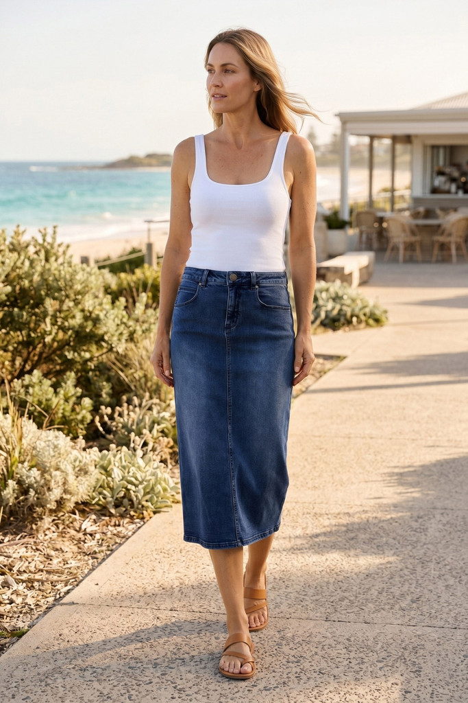 Women's Skirt | Midi Stretch Denim Skirt | Cafe Latte