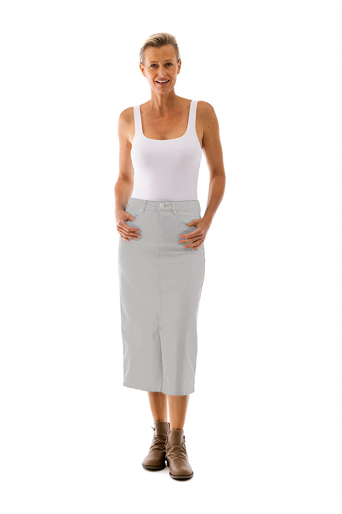 Women's Skirt | Midi Stretch Denim Skirt | Cafe Latte