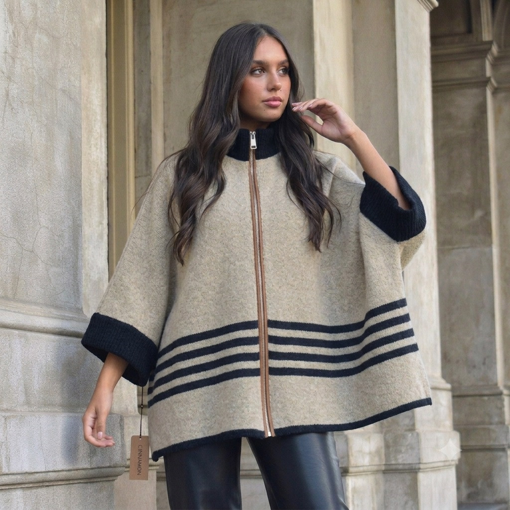 Women's Knits| Poncho Stripes with Zip  | CINNEMON CREATIONS