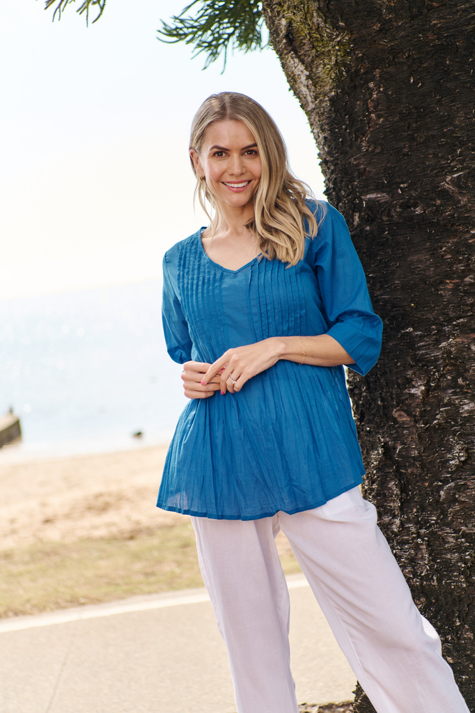 Women's Top | Evie 3/4 Sleeve Pleated Cotton Top | ONE SUMMER