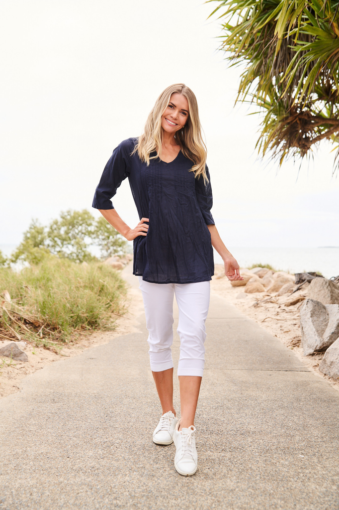 Women's Top | Evie 3/4 Sleeve Pleated Cotton Top | ONE SUMMER