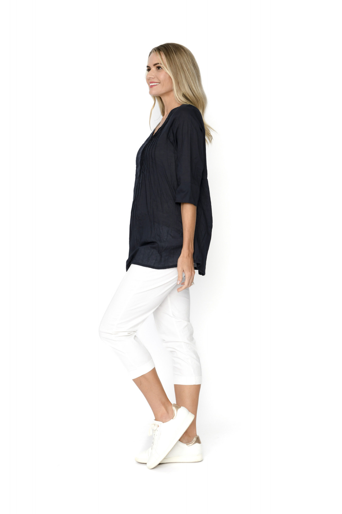 Women's Top | Evie 3/4 Sleeve Pleated Cotton Top | ONE SUMMER