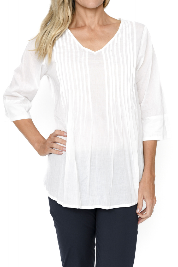 Women's Top | Evie 3/4 Sleeve Pleated Cotton Top | ONE SUMMER