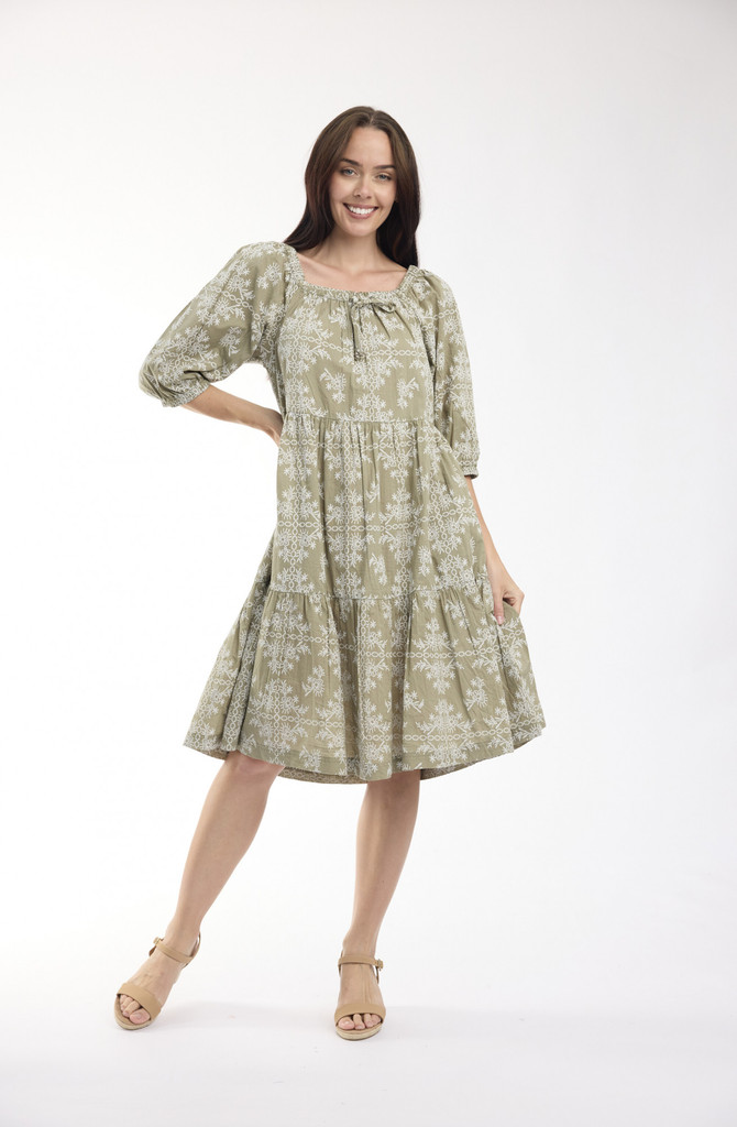 Women's Dresses | Broderie Print Square Neckline Dress | ORIENTIQUE