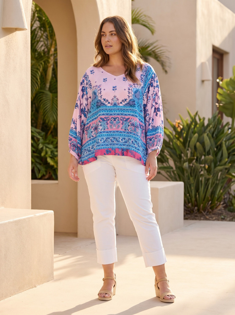 Indian Border Pink Boho Top 3/4 Sleeve by Orientique | Alibi Online Australia
