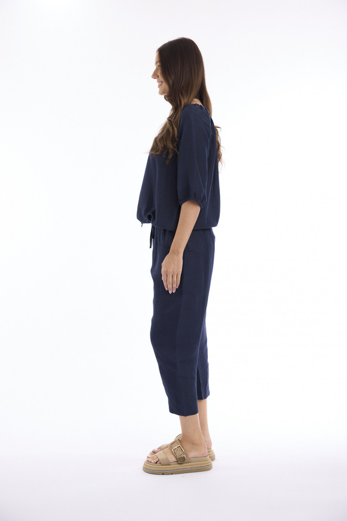 Women's Top | Linen Solid Gather Neck 3/4 Sleeve Top | ESCAPE 