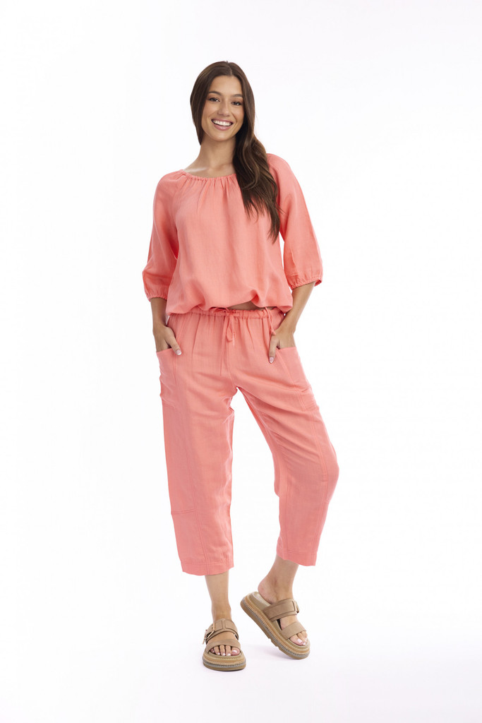 Women's Top | Linen Solid Gather Neck 3/4 Sleeve Top | ESCAPE 