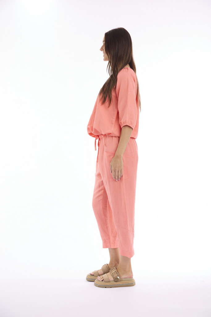 Women's Top | Linen Solid Gather Neck 3/4 Sleeve Top | ESCAPE 