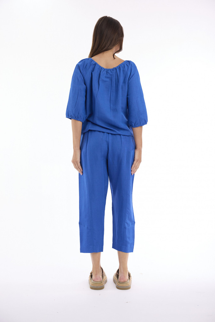 Women's Top | Linen Solid Gather Neck 3/4 Sleeve Top | ESCAPE 