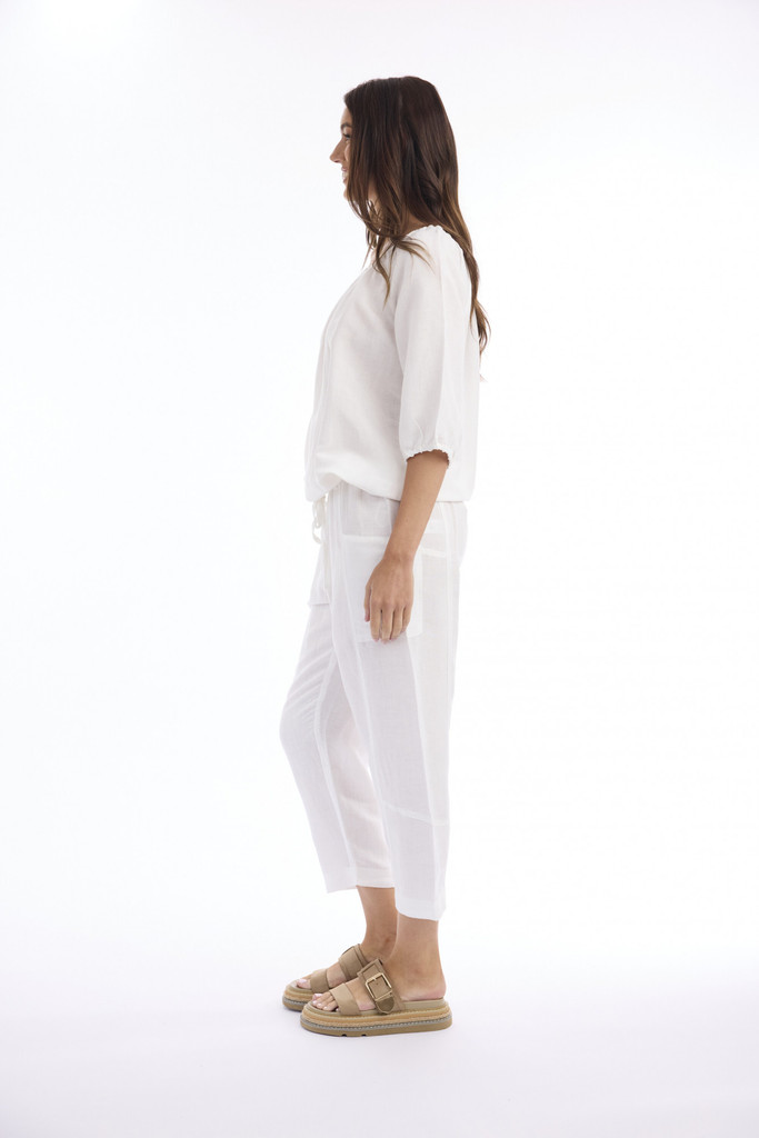 Women's Top | Linen Solid Gather Neck 3/4 Sleeve Top | ESCAPE 