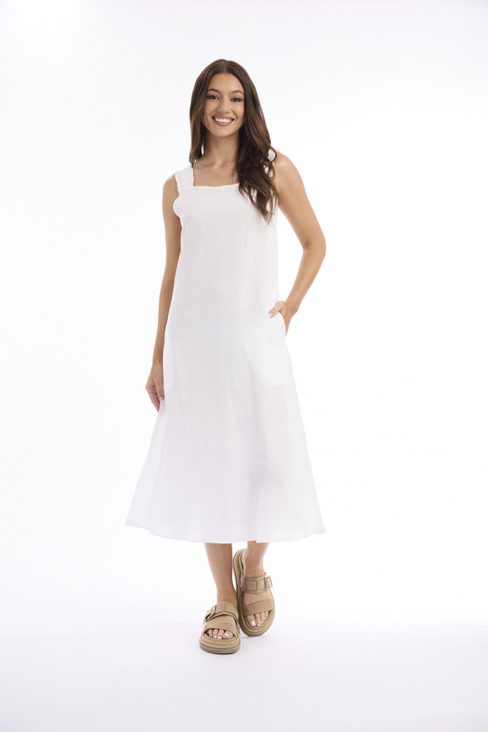 Linen Solid Strappy Dress in White by ESCAPE *