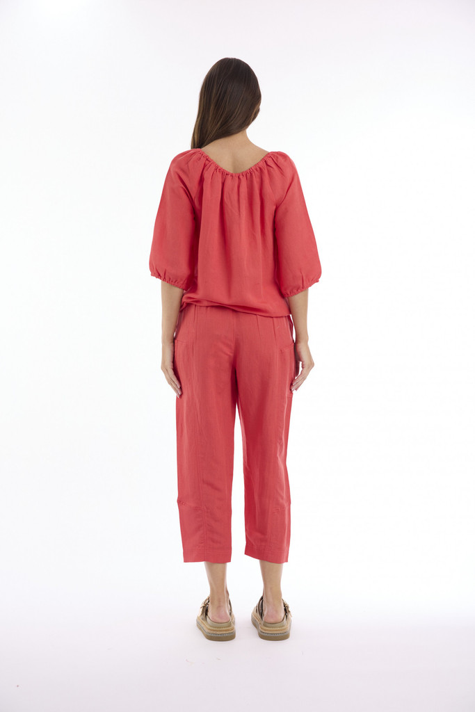 Women's Top | Linen Solid Gather Neck 3/4 Sleeve Top | ESCAPE 