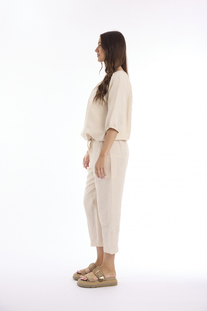 Women's Top | Linen Solid Gather Neck 3/4 Sleeve Top | ESCAPE 