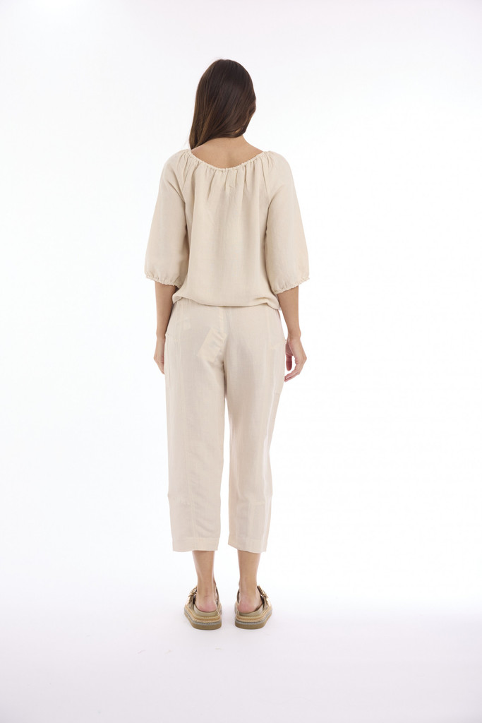 Women's Top | Linen Solid Gather Neck 3/4 Sleeve Top | ESCAPE 