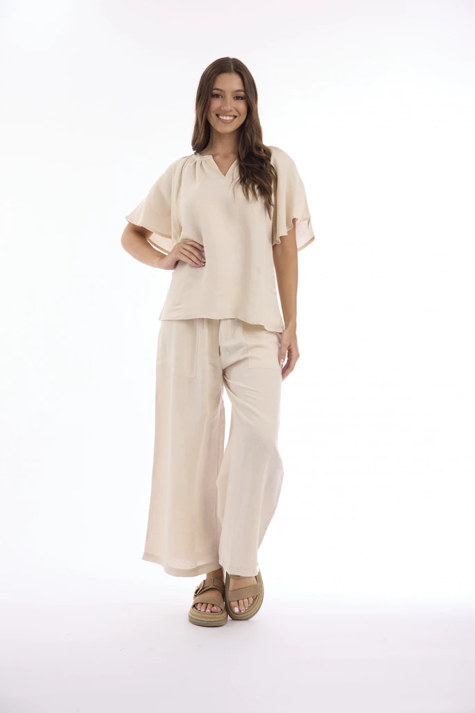 Women's Top | Linen Solid Chinese Collar Wide Sleeve Top | ESCAPE 