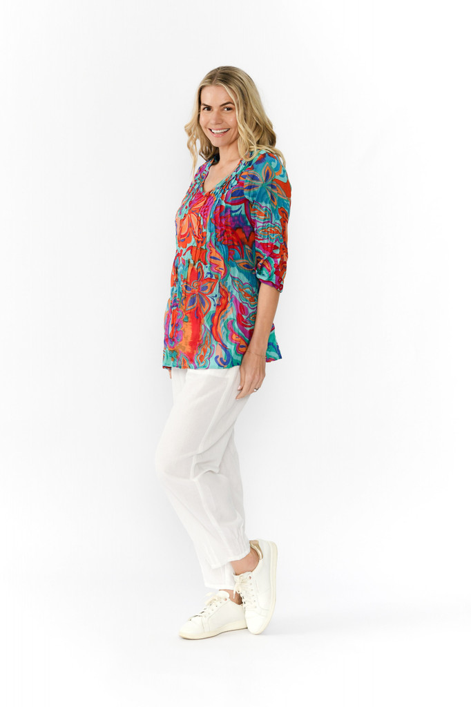 Women's Top | Tina V neck 3/4 Sleeve Pleated Top | ONE SUMMER