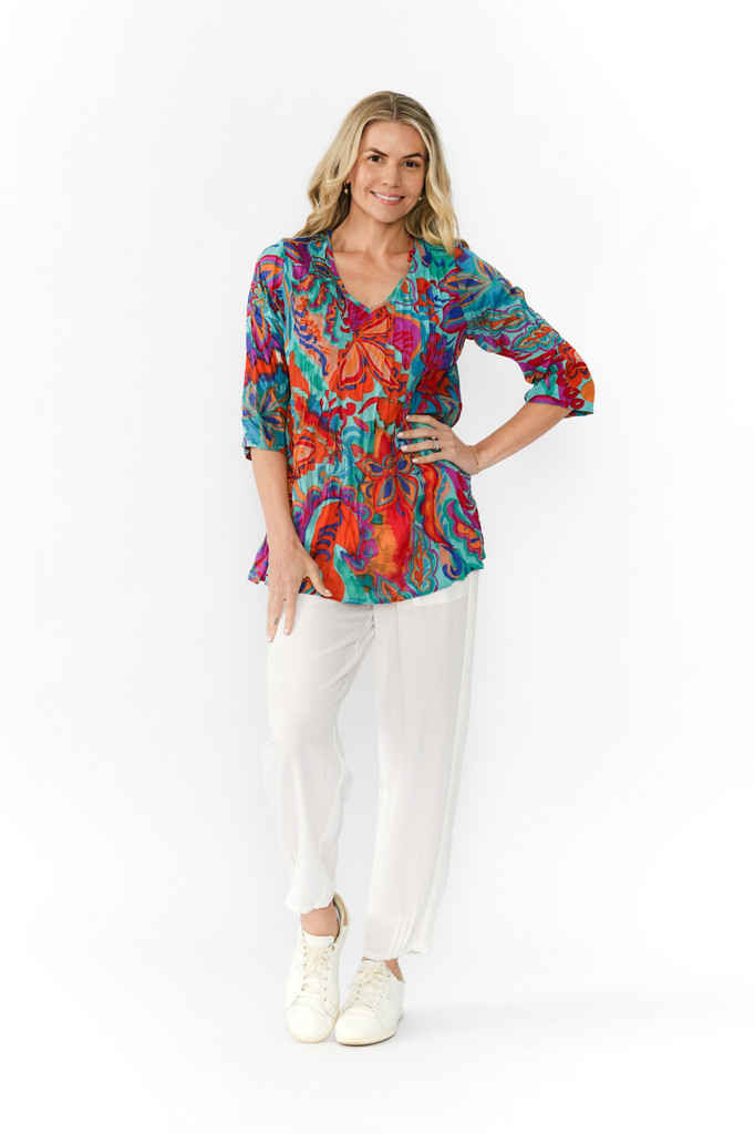 Women's Top | Tina V neck 3/4 Sleeve Pleated Top | ONE SUMMER