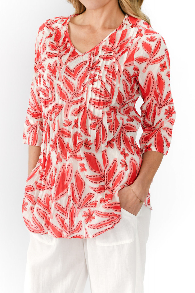 Women's Top | Tina V neck 3/4 Sleeve Pleated Top | ONE SUMMER