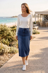 Women's Skirt | Midi Stretch Denim Skirt | Cafe Latte