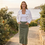 Women's Skirt | Midi Stretch Denim Skirt | Cafe Latte
