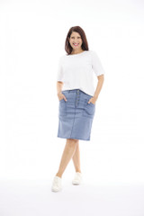 Denim Washed Fitted Waist A-Line Skirt with Buttons by Café Latte | Alibi Online Australia
