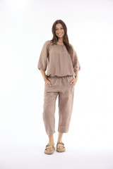 Women's Top | Linen Solid Gather Neck 3/4 Sleeve Top | ESCAPE 