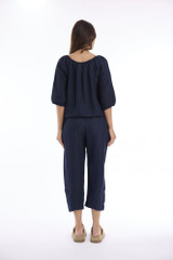 Women's Top | Linen Solid Gather Neck 3/4 Sleeve Top | ESCAPE 