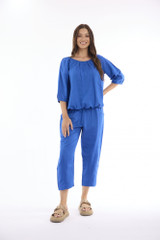Women's Top | Linen Solid Gather Neck 3/4 Sleeve Top | ESCAPE 