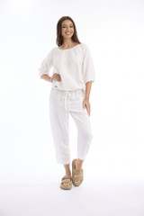 Women's Top | Linen Solid Gather Neck 3/4 Sleeve Top | ESCAPE 