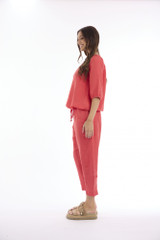 Women's Top | Linen Solid Gather Neck 3/4 Sleeve Top | ESCAPE 