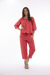 Women's Top | Linen Solid Gather Neck 3/4 Sleeve Top | ESCAPE 