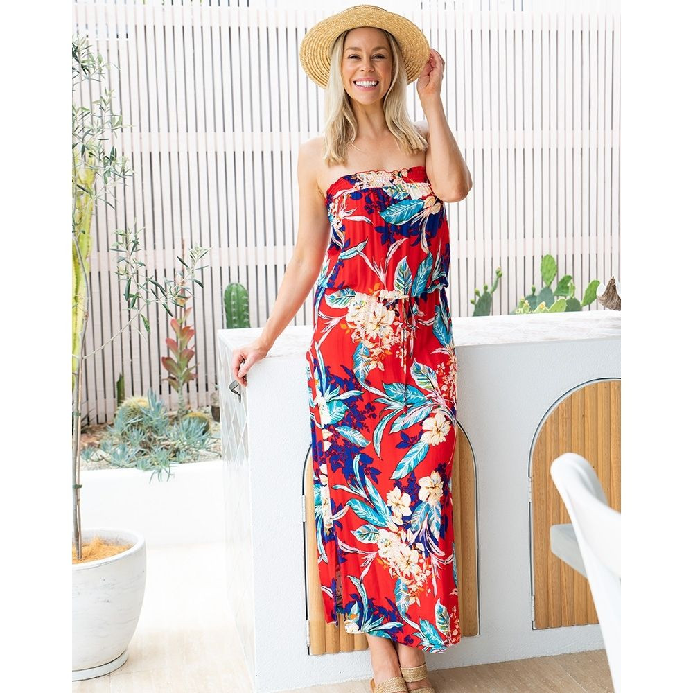 Strapless Maxi Dress in Red/Floral 