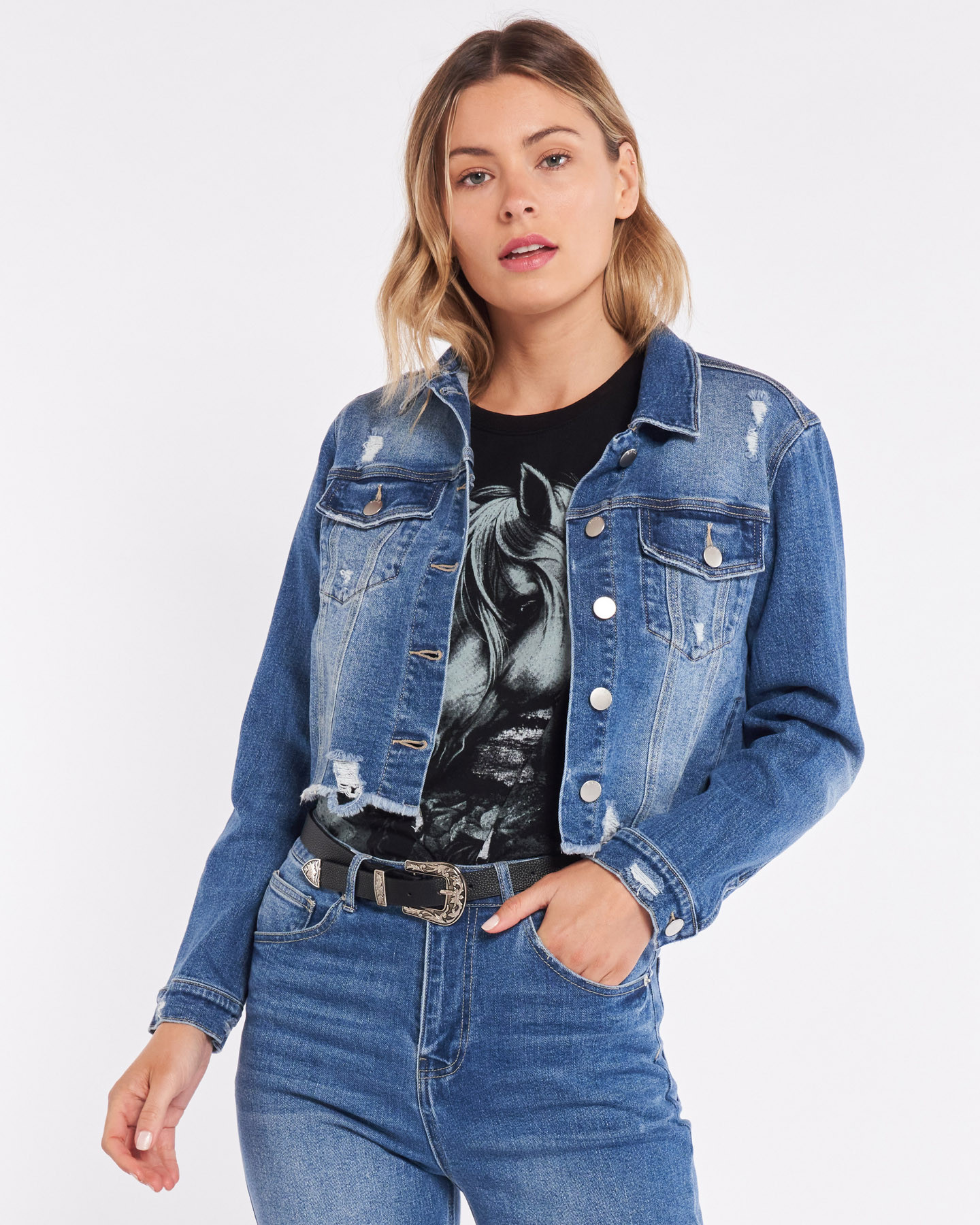 Stacey Distressed Denim Jacket In Worn 