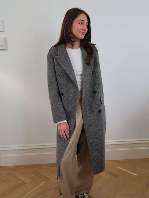 Long Brushed Wool Blend Trench Coat in Grey CINNAMON CREATIONS
