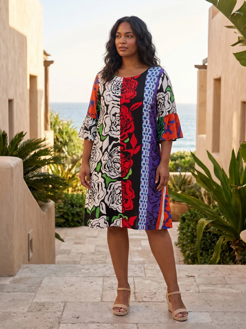 Plus size Menton frill sleeve dress in print by Orientique &mdash; feminine casual dress with frills Australia