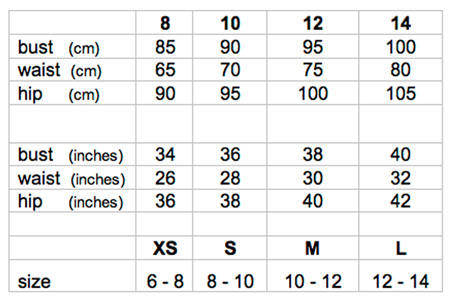 Betty Designs Size Chart