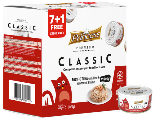 Princess Premium Classic Pacific Tuna with Rice & Vannamei Shrimp in Jelly 8x70g Princess Premium Classic Pacific Tuna with Rice & Vannamei Shrimp in Jelly 8x70g