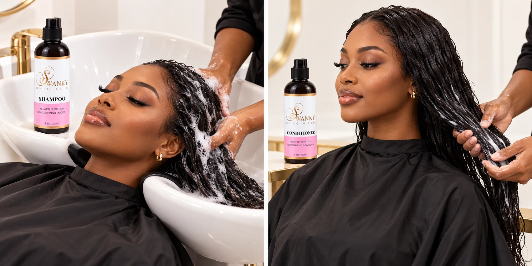 Illustrative Swanky shampoo and conditioner demonstration on a model