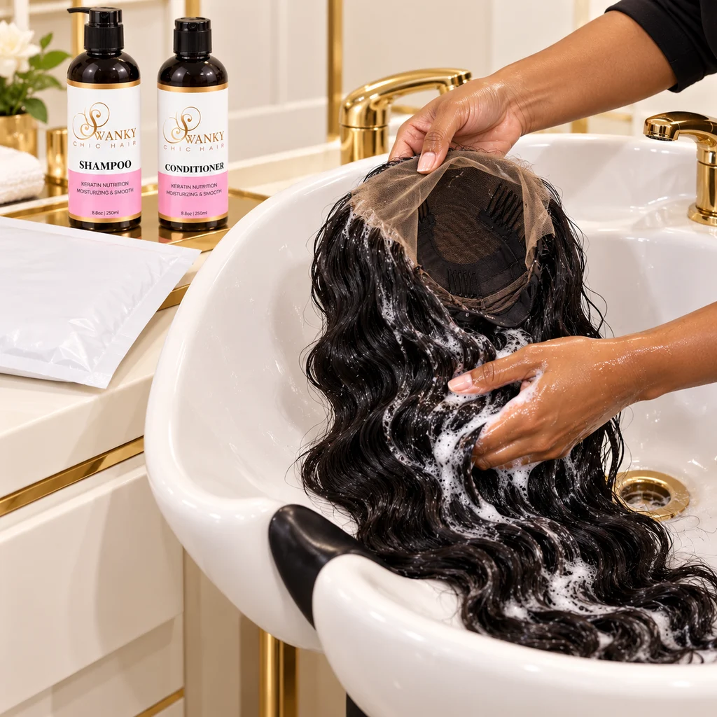 Detached wig being washed for mail-in revamp illustration