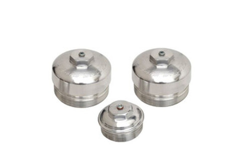 KIT 3 Caps - 6.0 Power Stroke Billet Oil Filter Cap, Billet Lower Fuel Filter Cap (6.0 Large), and Billet Upper Fuel Filter Cap (6.0 Small)