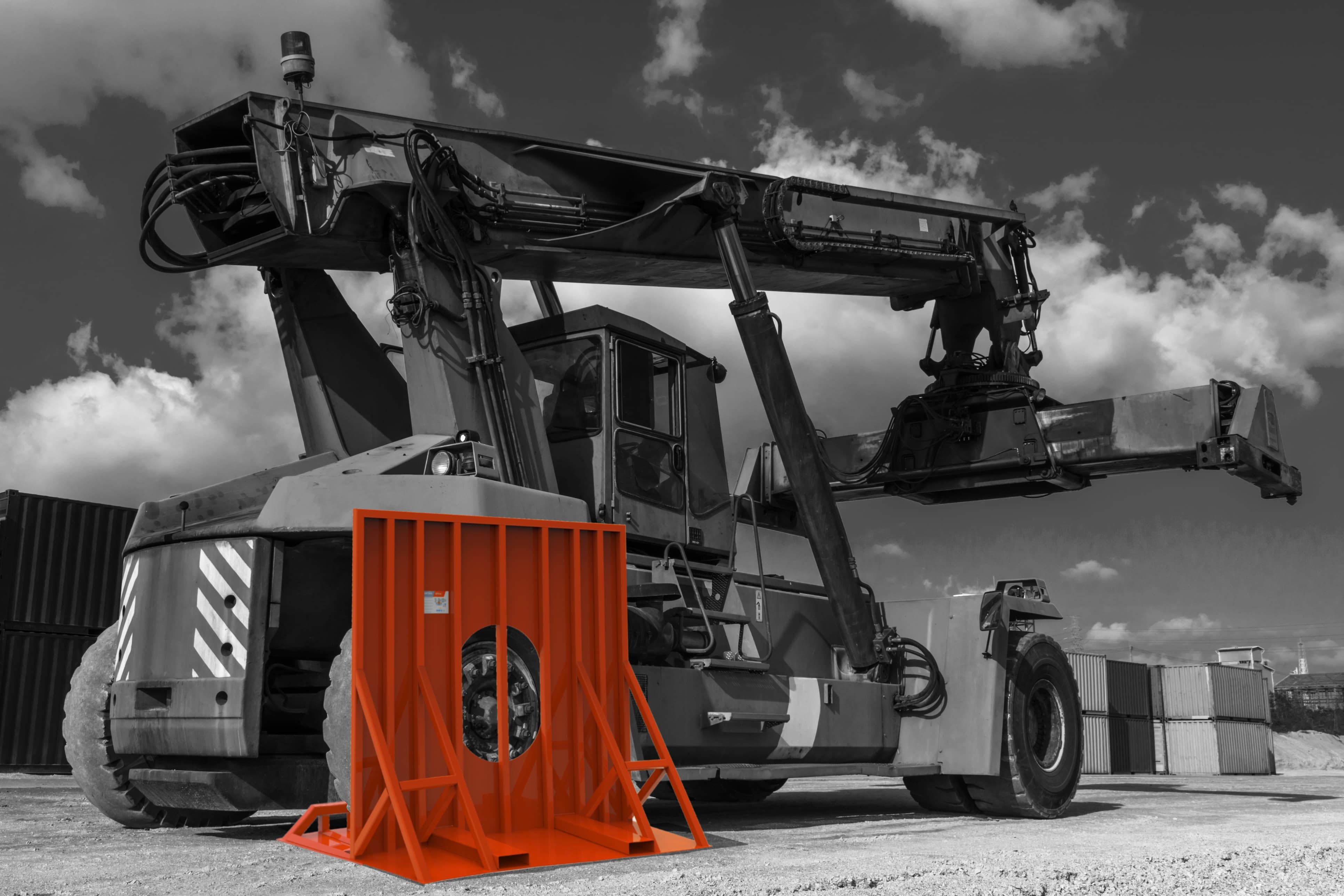 A tire inflation barrier in front of a crane vehicle