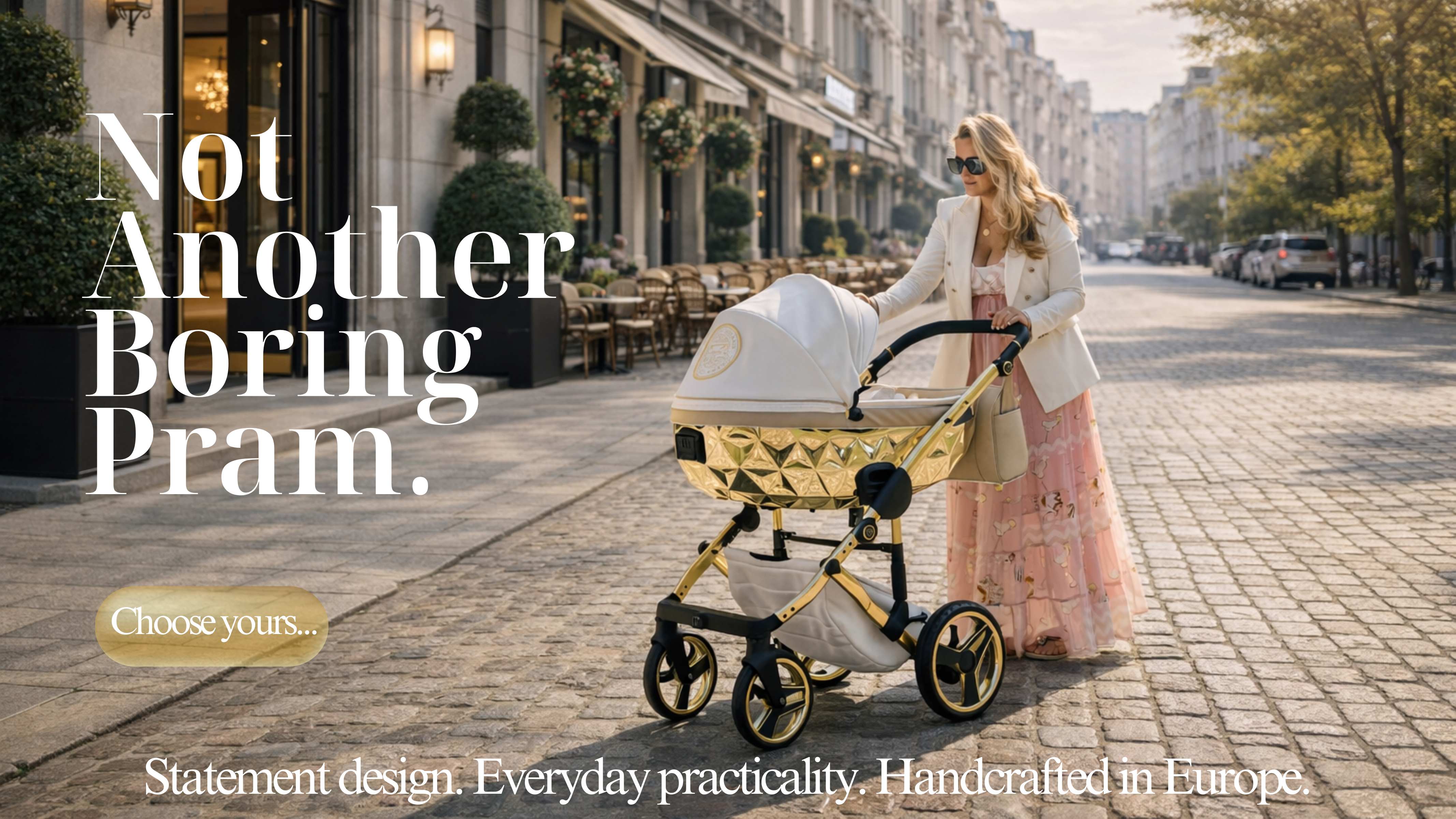 Junama Handcraft Glitter White Gold pram with “Not Another Boring Pram” slogan – luxury European designer stroller