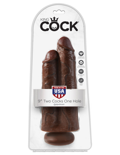 King Cock 9" Two Cocks One Hole - Brown