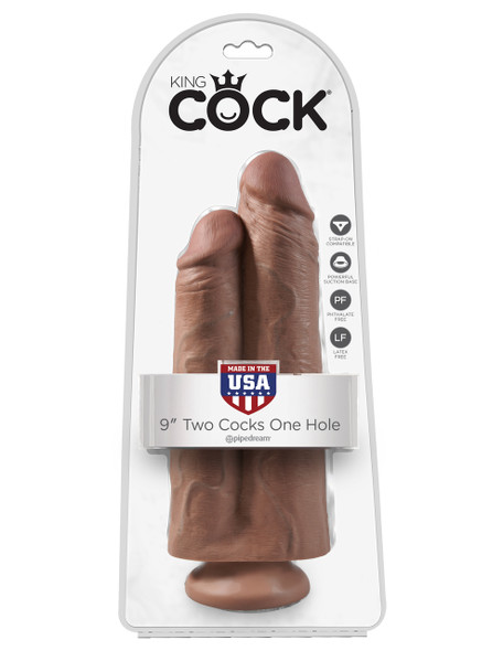 King Cock 9" Two Cocks One Hole - Tan