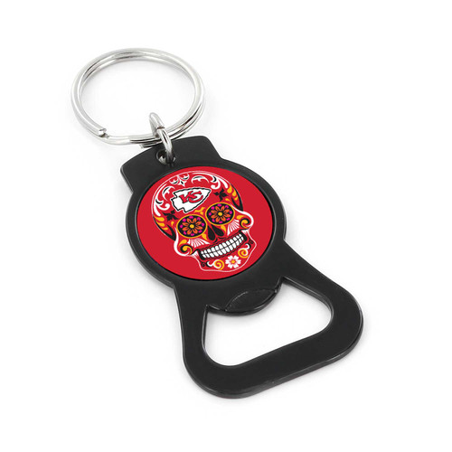 KANSAS CITY CHIEFS SUGAR SKULL (BLACK) BOTTLE OPENER KEYCHAIN