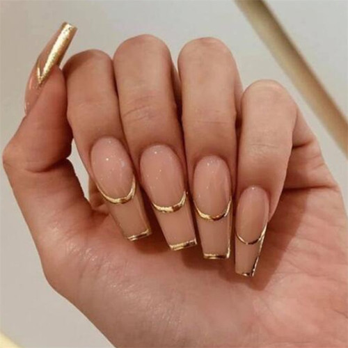 Set of Gold French Tip Nude Fake Nails with Adhesive Tap