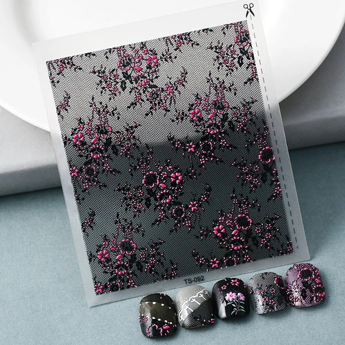 5D Embossed Flower on Black Lace Nail Art Stickers