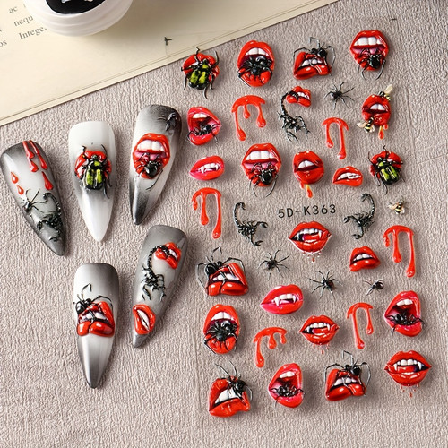 2pcs Charming Embossed Lips & Spider Nail Decals