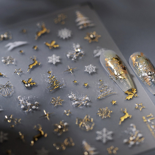 5D Shimmery Embossed Christmas Nail Art Stickers with Rhinestones