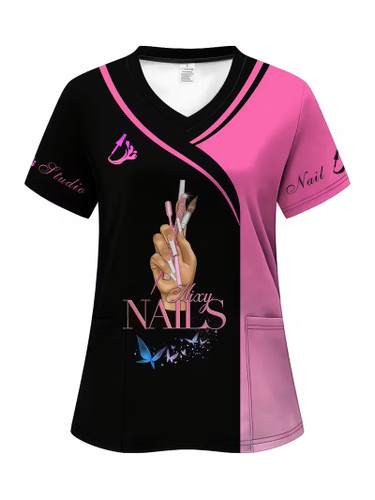 Nail Technician Scrub Top V-Neck Nail Studio Uniform